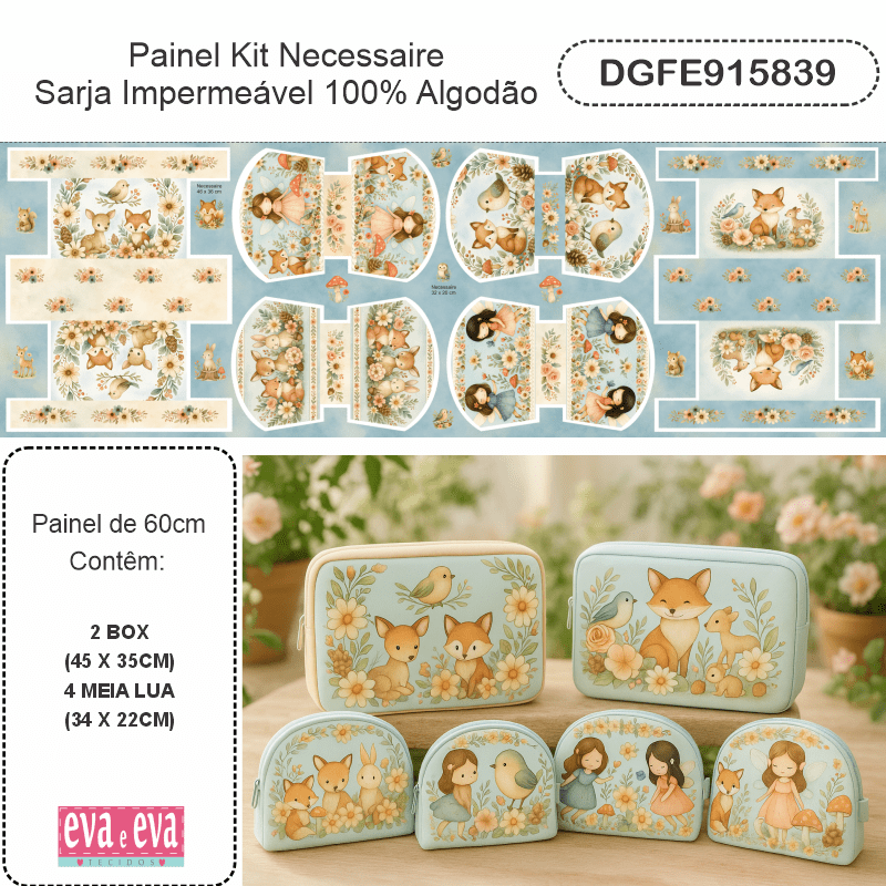TECIDO SARJA IMPERMEAVEL EXCLUSIVO 100% ALGODÃO - FLORESTA ENCANTADA - KIT NECESSAIRE - DGFE915839