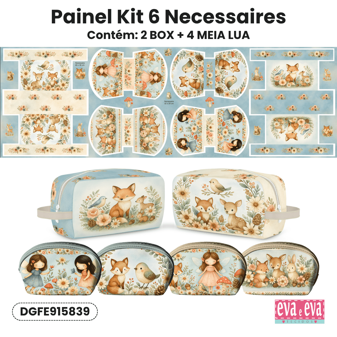 Tecido Painel Costura Criativa Kit 6 Necessaire Sarja Impermeável 100% Algodão - FLORESTA ENCANTADA DGFE915839