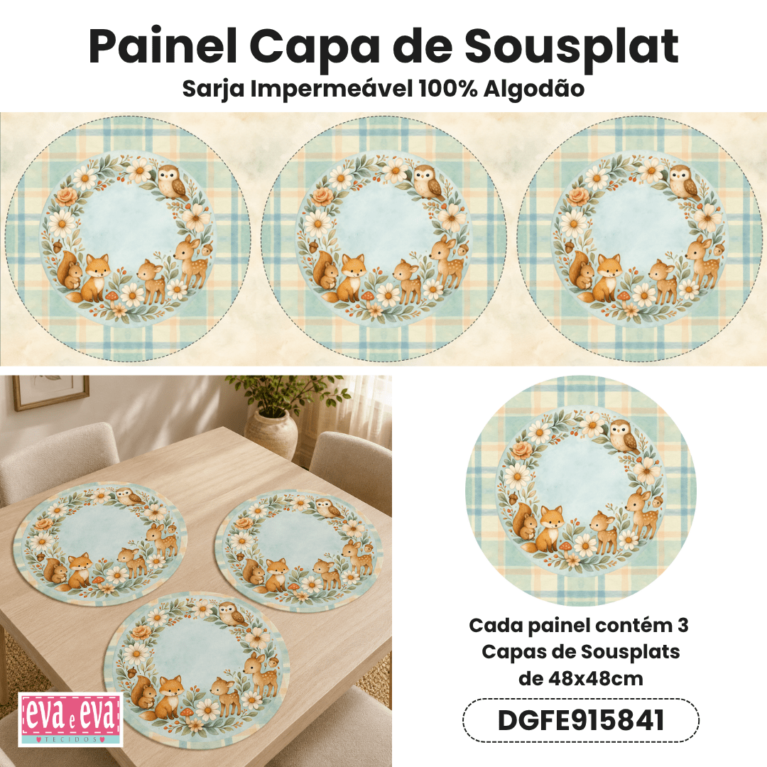 Tecido Painel em Sarja Impermeável 100% Algodão | 3 Capas de Sousplat | Infantil - Floresta Encantada | DGFE915841