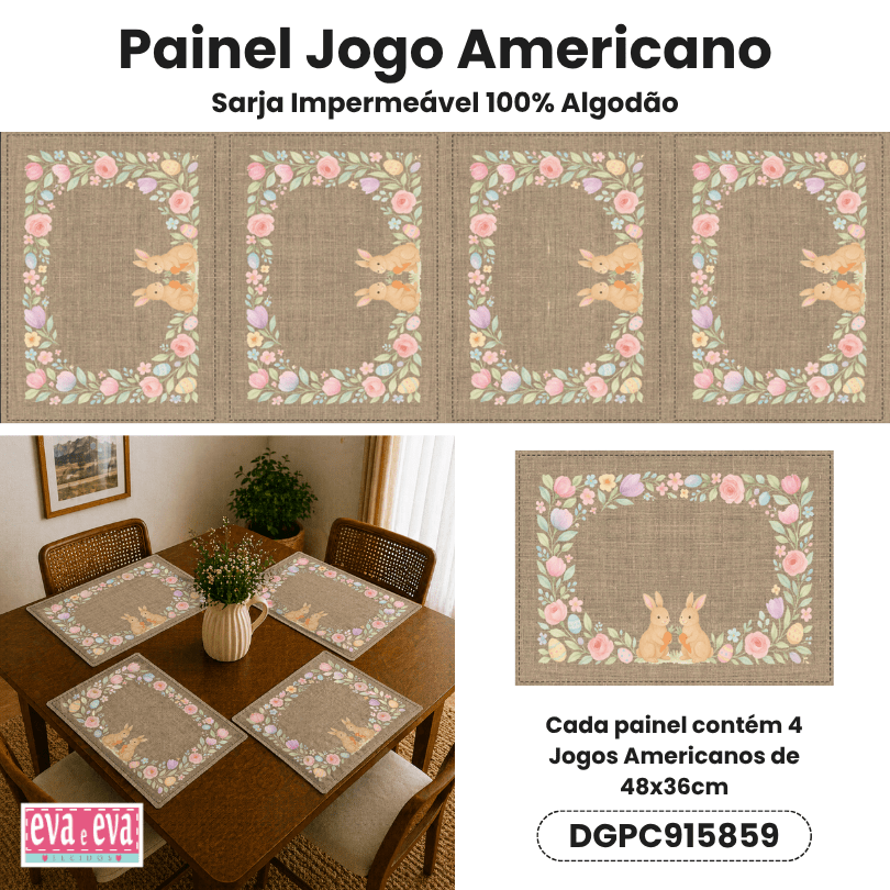Tecido Painel em Sarja Impermeável 100% Algodão | 4 Jogos Americanos | Infantil - Páscoa dos Coelhinhos | DGPC915859