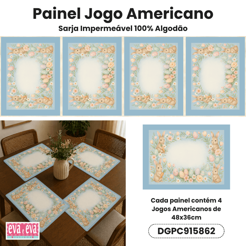 Tecido Painel em Sarja Impermeável 100% Algodão | 4 Jogos Americanos | Infantil - Páscoa dos Coelhinhos | DGPC915862