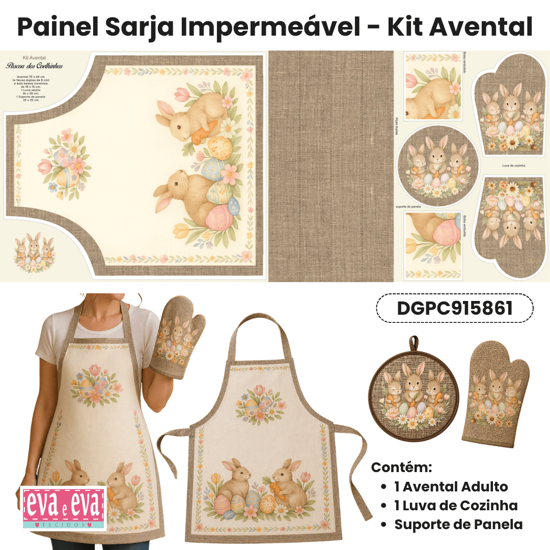 Tecido Painel Costura Criativa Kit Avental Sarja Impermeável 100% Algodão - PÁSCOA DOS COELHINHOS - DGPC915861