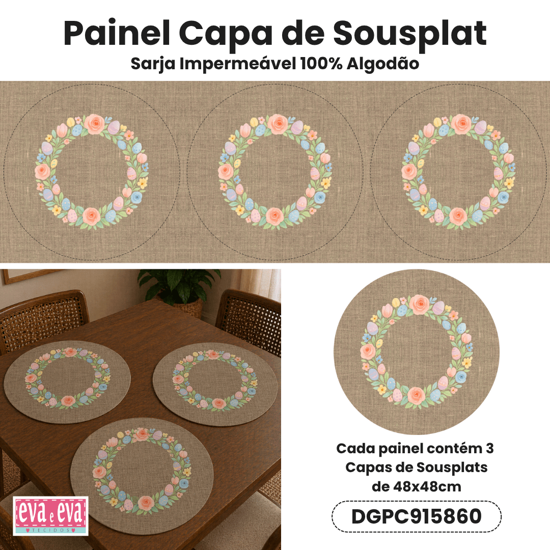 Tecido Painel em Sarja Impermeável 100% Algodão | 3 Capas de Sousplat | Infantil - Páscoa dos Coelhinhos | DGPC915860