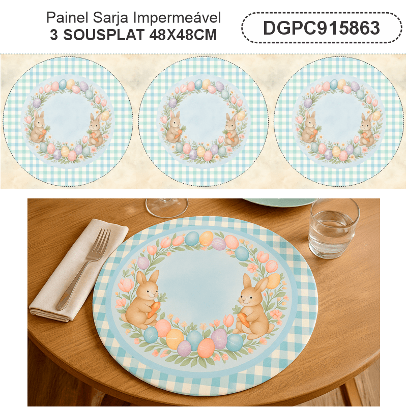 TECIDO SARJA IMPERMEAVEL EXCLUSIVO 100% ALGODÃO - PÁSCOA DOS COELHINHOS - SOUSPLAT - DGPC915863