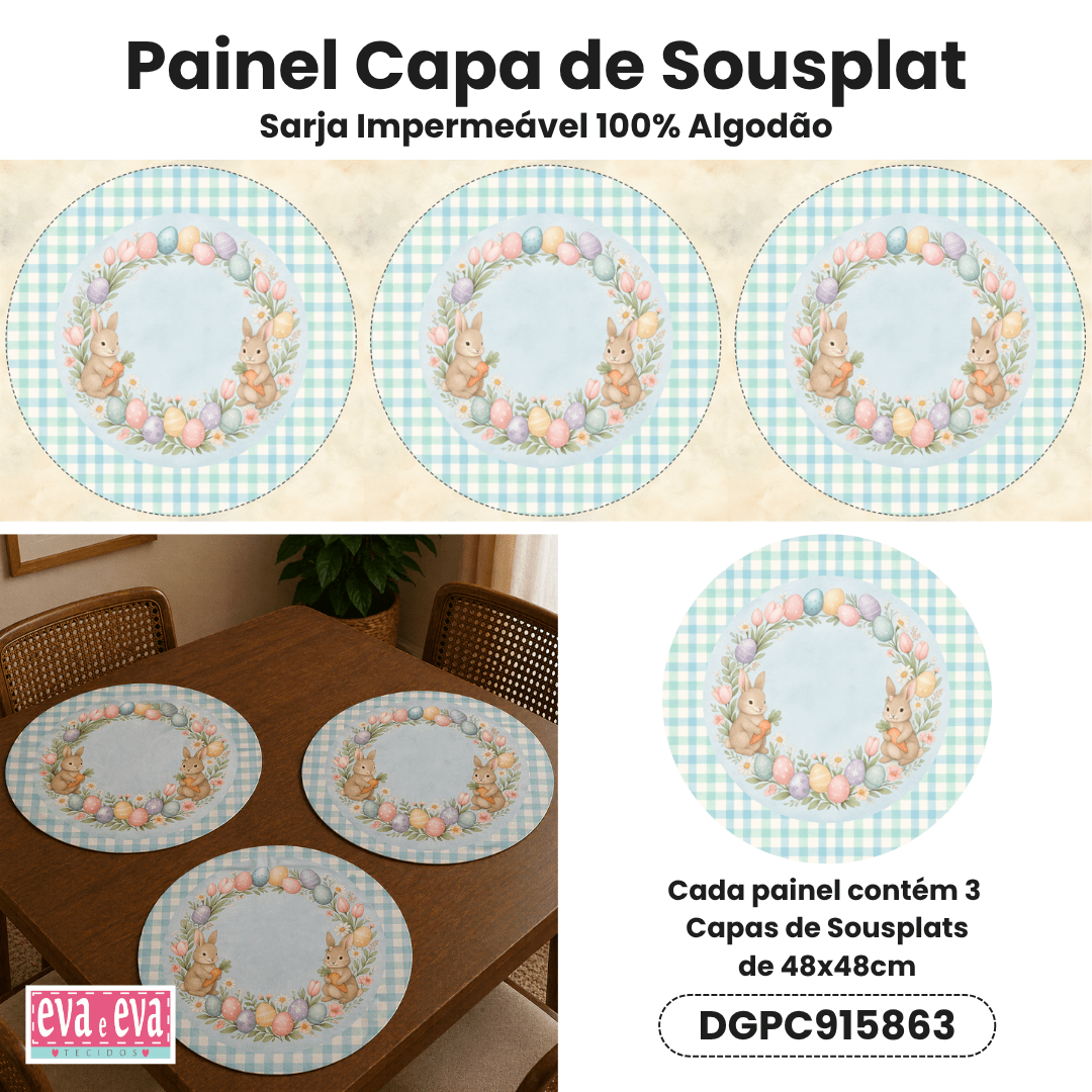 Tecido Painel em Sarja Impermeável 100% Algodão | 3 Capas de Sousplat | Infantil - Páscoa dos Coelhinhos | DGPC915863