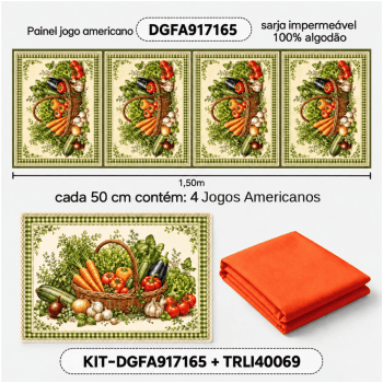KIT Tecido Sarja Impermeável Painel Jogo Americano + Forro Tricoline Legumes Feira da Fazenda KIT-DGFA917165 KIT Tecido Sarja Impermeável Painel Jogo Americano + Forro Tricoline Legumes Feira da Fazenda KIT-DGFA917165