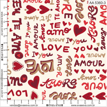 Tecido tricoline estampada da Eva e Eva - Coleção Amor Amour Amore Love - AA5360-3 - Largura 1,40 / 1,50