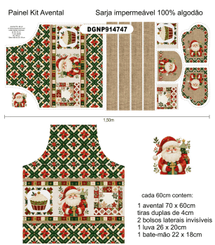 TECIDO SARJA IMPERMEÁVEL EXCLUSIVO 100% ALGODÃO - NATAL PATCHWORK - KIT AVENTAL NATAL - DGNP914747