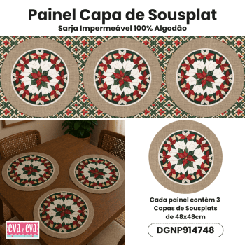 Tecido Painel em Sarja Impermeável 100% Algodão | 3 Capas de Sousplat | Natal Patchwork | DGNP914748