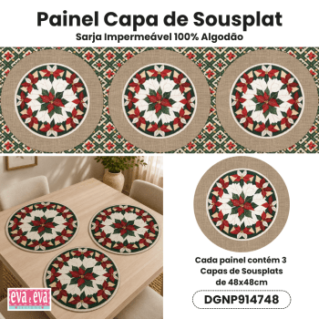 Tecido Painel em Sarja Impermeável 100% Algodão | 3 Capas de Sousplat | Natal Patchwork | DGNP914748 Tecido Painel em Sarja Impermeável 100% Algodão | 3 Capas de Sousplat | Natal Patchwork | DGNP914748