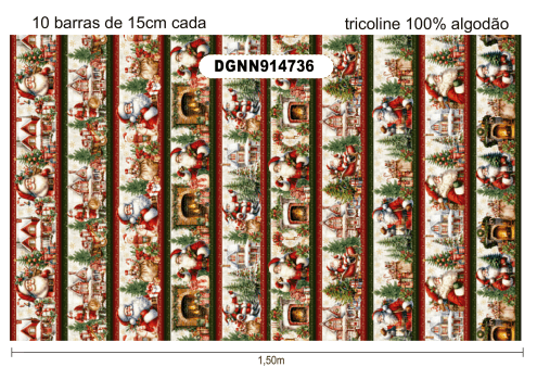 TECIDO TRICOLINE EXCLUSIVO 100% ALGODÃO - NATAL NOEL - BARRADO NATAL - DGNN914736