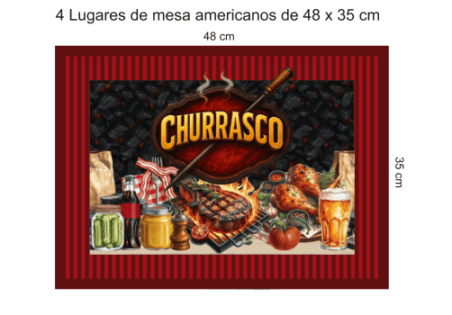 KIT JOGO AMERICANO | PAINEL DE TECIDO SARJA IMPERMEÁVEL | CHURRASCO E AMIGOS | KIT-DGCM915483