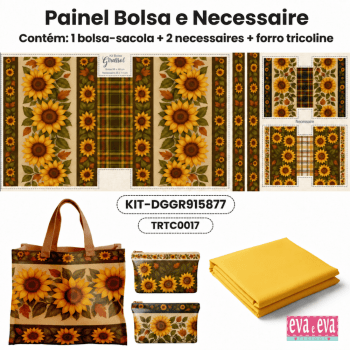 Kit Tecido Sarja Impermeável Painel de Bolsa + 2 Necessaires Floral Girassol + Forro Tricoline Costura Criativa DIY - DGGR915877