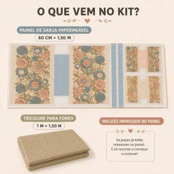 KIT BOLSA | PAINEL DE TECIDO SARJA IMPERMEÁVEL COM FORRO EM TRICOLINE | FLORAL - CROCHÊ COLORÊ | KIT-DGCL915818