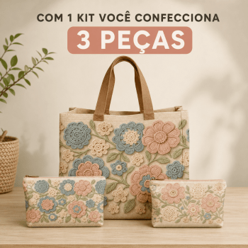 KIT BOLSA | PAINEL DE TECIDO SARJA IMPERMEÁVEL COM FORRO EM TRICOLINE | FLORAL - CROCHÊ COLORÊ | KIT-DGCL915818