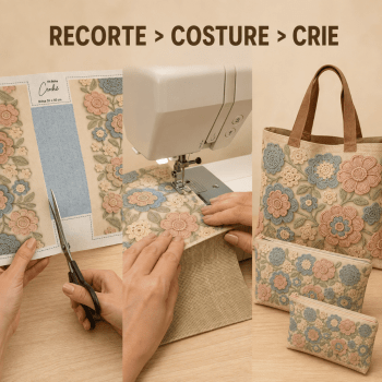KIT BOLSA | PAINEL DE TECIDO SARJA IMPERMEÁVEL COM FORRO EM TRICOLINE | FLORAL - CROCHÊ COLORÊ | KIT-DGCL915818