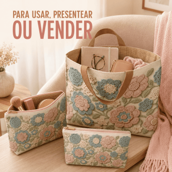 KIT BOLSA | PAINEL DE TECIDO SARJA IMPERMEÁVEL COM FORRO EM TRICOLINE | FLORAL - CROCHÊ COLORÊ | KIT-DGCL915818