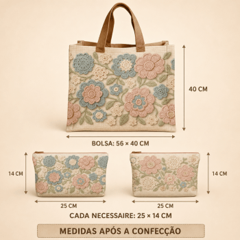 KIT BOLSA | PAINEL DE TECIDO SARJA IMPERMEÁVEL COM FORRO EM TRICOLINE | FLORAL - CROCHÊ COLORÊ | KIT-DGCL915818