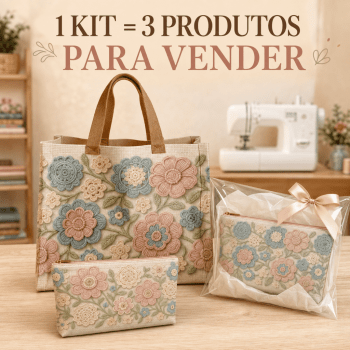 KIT BOLSA | PAINEL DE TECIDO SARJA IMPERMEÁVEL COM FORRO EM TRICOLINE | FLORAL - CROCHÊ COLORÊ | KIT-DGCL915818