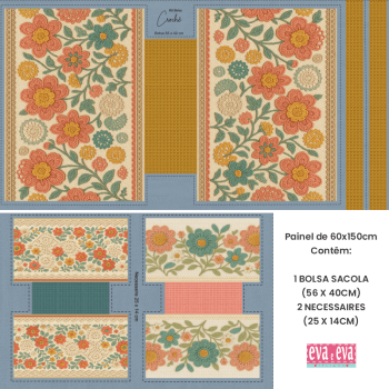 KIT BOLSA | PAINEL DE TECIDO SARJA IMPERMEÁVEL | FLORAL - CROCHÊ COLORÊ | KIT-DGCL915825