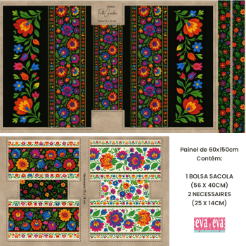 KIT BOLSA | PAINEL DE TECIDO SARJA IMPERMEÁVEL | FLORAL - FOLK GARDEN | KIT-DGFG915733