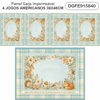 KIT JOGO AMERICANO | PAINEL DE TECIDO SARJA IMPERMEÁVEL | FLORESTA ENCANTADA | KIT-DGFE915840