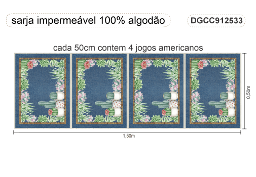 KIT JOGO AMERICANO| PAINEL DE TECIDO SARJA IMPERMEÁVEL | CATCUS E CIA | KIT-DGCC912533