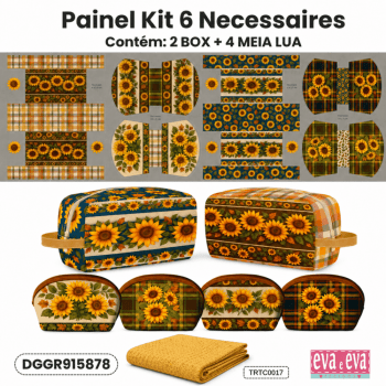 Kit Tecido Sarja Impermeável Painel de 6 Necessaires Floral Girassol + Forro Tricoline Costura Criativa DIY - KIT-DGGR915878 Kit Tecido Sarja Impermeável Painel de 6 Necessaires Floral Girassol + Forro Tricoline Costura Criativa DIY - KIT-DGGR915878