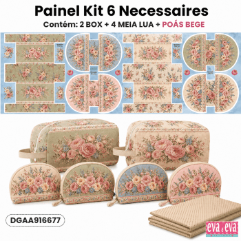 Tecido Painel em Sarja Impermeável 100% Algodão - Kit 6 Necessaires - Floral - Ateliê do Amor - KIT-DGAA916677