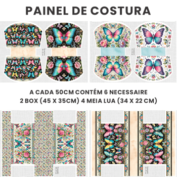 Tecido Painel em Sarja Impermeável 100% Algodão | Kit 6 Necessaires | Floral - Borboletas Encantadas | KIT-DGBE914255