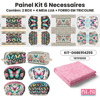Tecido Painel em Sarja Impermeável 100% Algodão | Kit 6 Necessaires | Floral - Borboletas Encantadas | KIT-DGBE914255