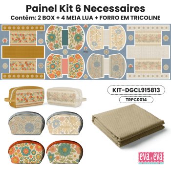 Tecido Painel em Sarja Impermeável 100% Algodão | Kit 6 Necessaires | Floral - Crochê Colorê | KIT-DGCL915813