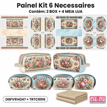 Tecido Painel em Sarja Impermeável 100% Algodão | Kit 6 Necessaires | Floral - FLORES VINTAGE | KIT-DGFV914247 Tecido Painel em Sarja Impermeável 100% Algodão | Kit 6 Necessaires | Floral - FLORES VINTAGE | KIT-DGFV914247