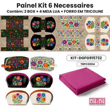 Tecido Painel em Sarja Impermeável 100% Algodão | Kit 6 Necessaires | Floral - Folk Garden | KIT-DGFG915732 Tecido Painel em Sarja Impermeável 100% Algodão | Kit 6 Necessaires | Floral - Folk Garden | KIT-DGFG915732