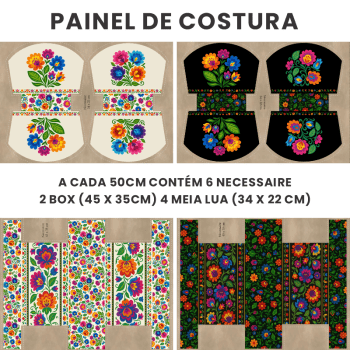 Tecido Painel em Sarja Impermeável 100% Algodão | Kit 6 Necessaires | Floral - Folk Garden | KIT-DGFG915732