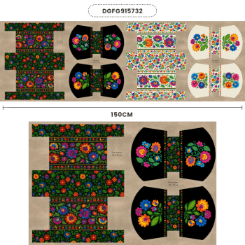 Tecido Painel em Sarja Impermeável 100% Algodão | Kit 6 Necessaires | Floral - Folk Garden | KIT-DGFG915732