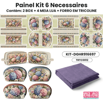KIT 6 NECESSAIRES | PAINEL DE TECIDO SARJA IMPERMEÁVEL COM FORO EM TRICOLINE | Floral - Hortênsias e Rosas | KIT-DGHR916697 KIT 6 NECESSAIRES | PAINEL DE TECIDO SARJA IMPERMEÁVEL COM FORO EM TRICOLINE | Floral - Hortênsias e Rosas | KIT-DGHR916697