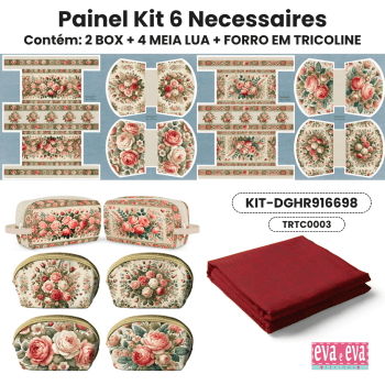 Tecido Painel em Sarja Impermeável 100% Algodão | Kit 6 Necessaires | Floral - Hortênsias e Rosas| KIT-DGHR916698