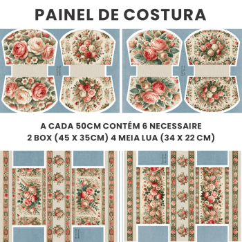 Tecido Painel em Sarja Impermeável 100% Algodão | Kit 6 Necessaires | Floral - Hortênsias e Rosas| KIT-DGHR916698