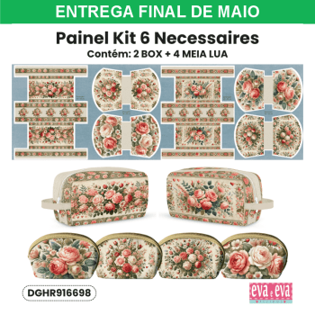 Tecido Painel em Sarja Impermeável 100% Algodão | Kit 6 Necessaires | Floral - Hortênsias e Rosas| KIT-DGHR916698