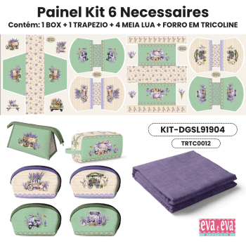 Tecido Painel em Sarja Impermeável 100% Algodão | Kit 6 Necessaires | Floral - Simplesmente Lavanda | KIT-DGSL912904