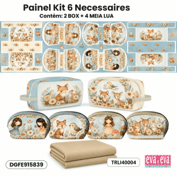 KIT Tecido Sarja Impermeável Painel de 6 Necessaires + Forro Tricoline Infantil Floral Costura Criativa DIY - KIT-DGFE915839 KIT Tecido Sarja Impermeável Painel de 6 Necessaires + Forro Tricoline Infantil Floral Costura Criativa DIY - KIT-DGFE915839