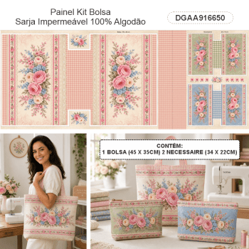 TECIDO SARJA IMPERMEAVEL 100% ALGODÃO- ATELIÊ DO AMOR - KIT BOLSA E NECESSAIRE - FLORAL -DGAA916650