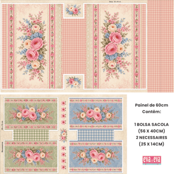 TECIDO SARJA IMPERMEAVEL 100% ALGODÃO- ATELIÊ DO AMOR - KIT BOLSA E NECESSAIRE - FLORAL -DGAA916650