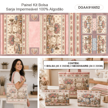TECIDO SARJA IMPERMEAVEL 100% ALGODÃO- ATELIÊ DO AMOR - KIT BOLSA E NECESSAIRE - FLORAL -DGAA916652