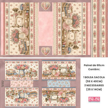 TECIDO SARJA IMPERMEAVEL 100% ALGODÃO- ATELIÊ DO AMOR - KIT BOLSA E NECESSAIRE - FLORAL -DGAA916652