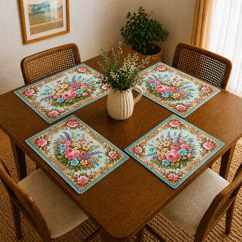 Tecido Painel em Sarja Impermeável 100% Algodão | 3 Capas de Sousplat | Floral - Flores Vintage | DGFV914244