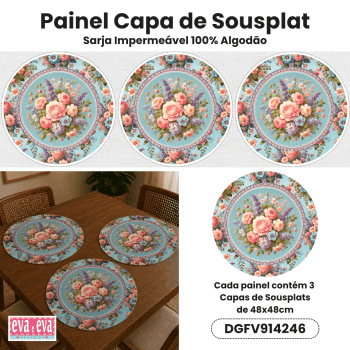 Tecido Painel em Sarja Impermeável 100% Algodão | 3 Capas de Sousplat | Floral - Flores Vintage | DGFV914246