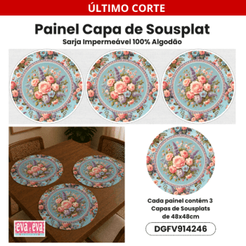Tecido Painel em Sarja Impermeável 100% Algodão | 3 Capas de Sousplat | Floral - Flores Vintage | DGFV914246