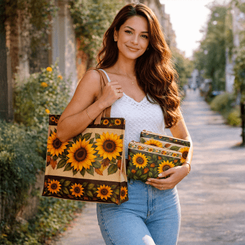 Tecido Painel em Sarja Impermeável 100% Algodão | Bolsa + 2 Necessaires | Floral - Campos de Girassol | DGGR813881
